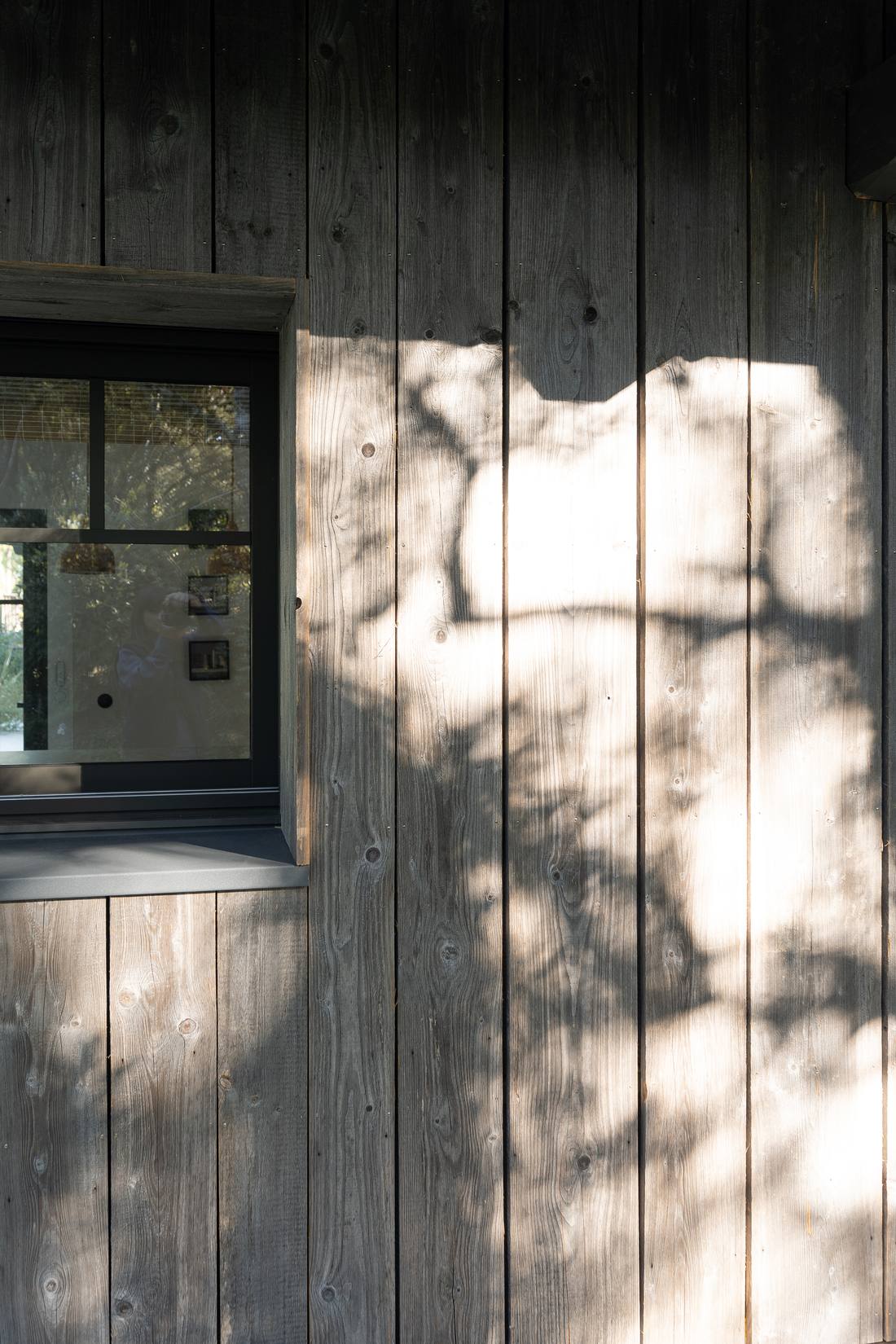 Jeu d'ombres du feuillage sur un bardage de bois et une menuiserie noire, détail d'architecture